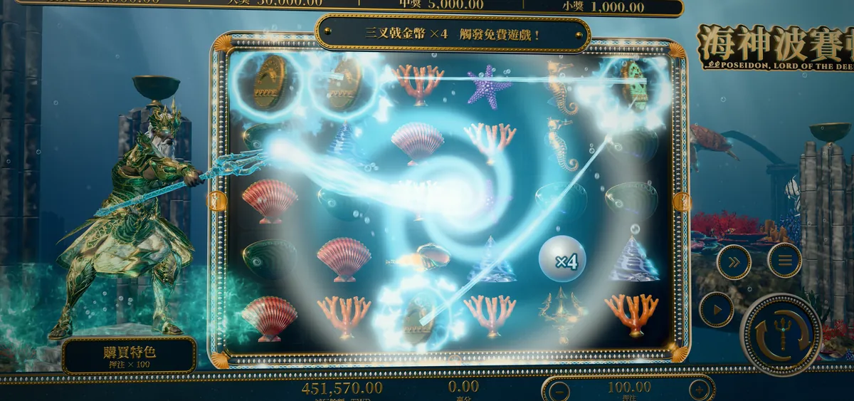 海神波賽頓觸發免費遊戲：波賽頓把三叉戟刺向金幣，漩渦把金光捲進盤面