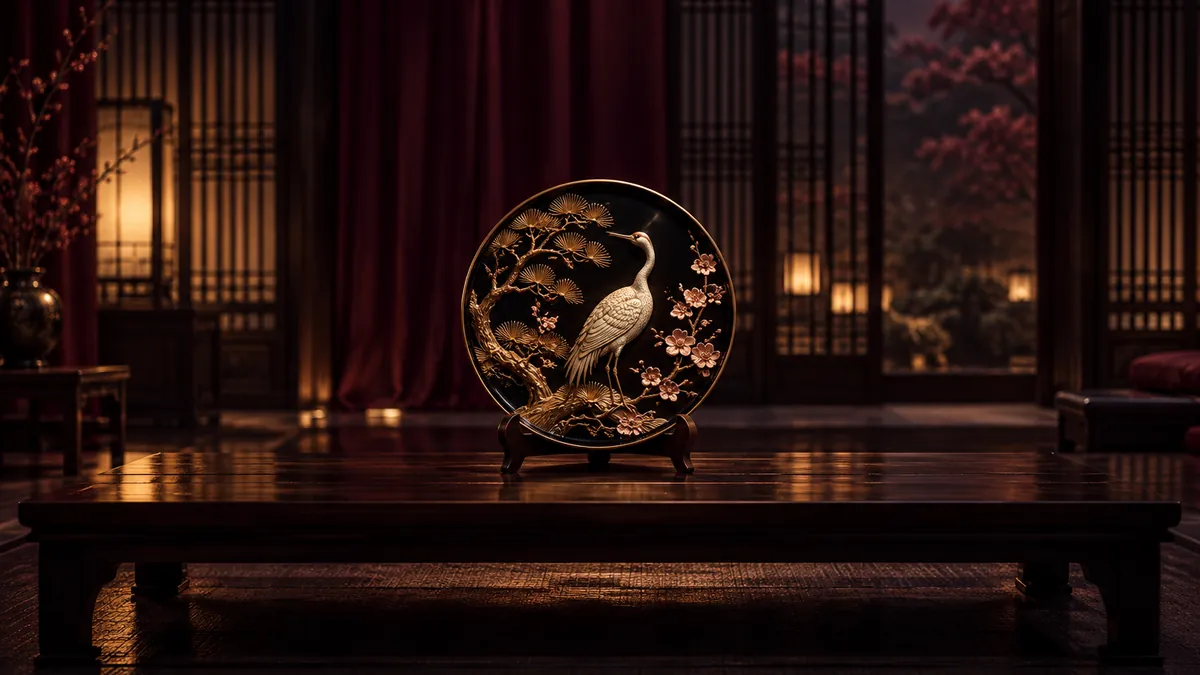 深酒紅和室裡的黑金漆器圓盤，金色松鶴與櫻花浮雕映著暖光