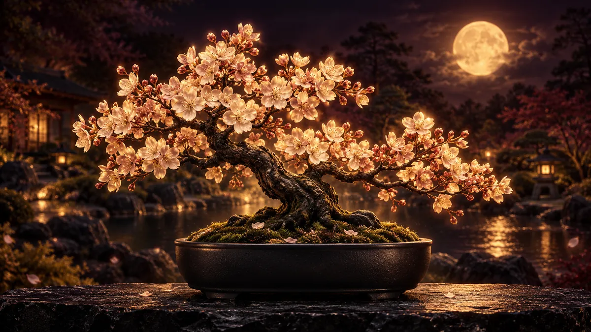 月夜日式庭園中的金色櫻花盆景，映著香檳金月光與深酒紅背景