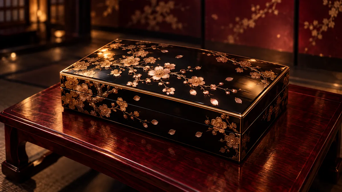 深酒紅和室中的黑金漆器詩札盒,金色梅枝浮雕映著柔和暖光