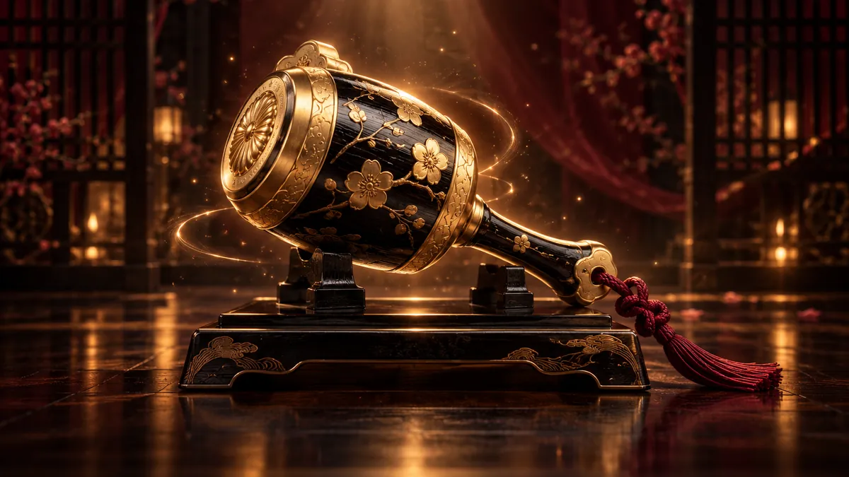 深酒紅日式室內展示一柄黑金如意小槌，香檳金光照亮槌身與漆木底座