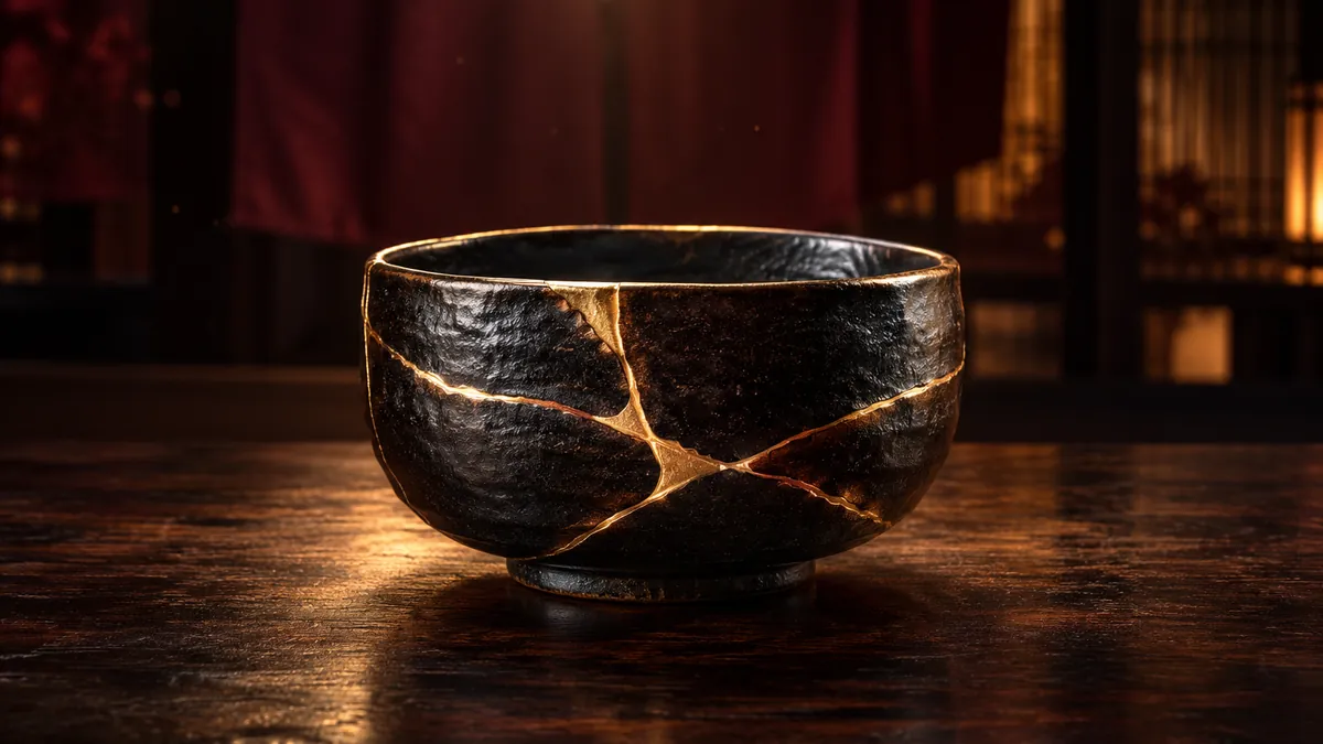 深酒紅茶室桌上黑陶茶碗以香檳金接縫修補，金色交叉紋路映著柔光