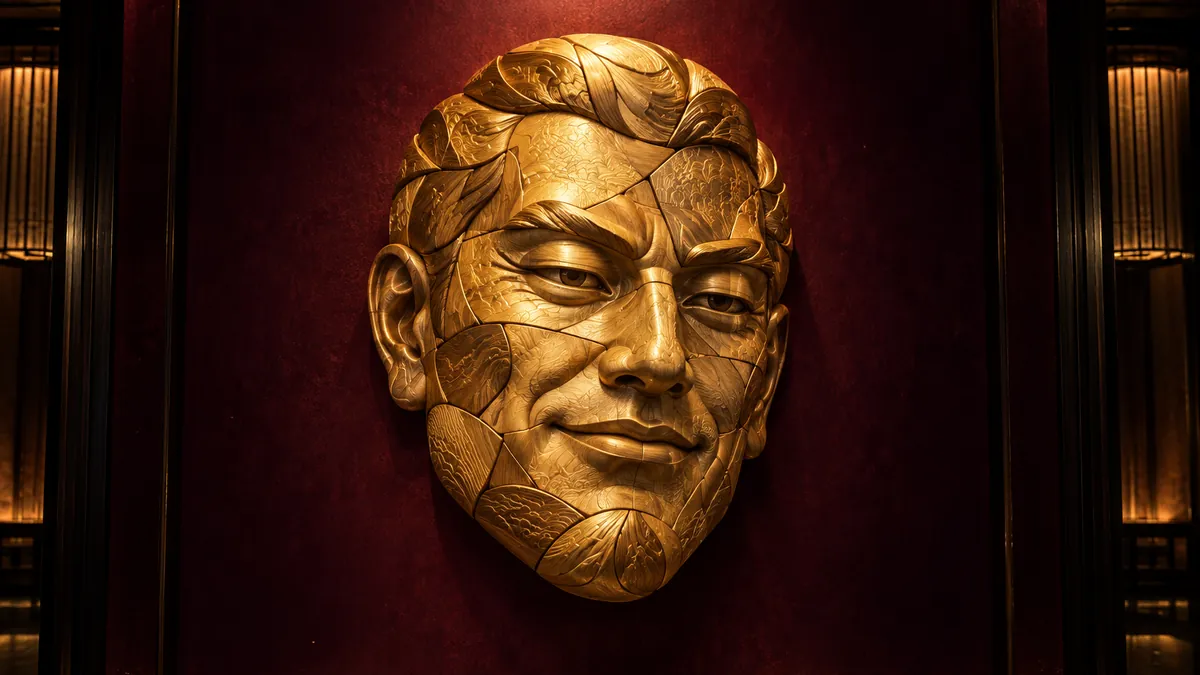 深酒紅展廳中，金色拼接木雕組成一張江戶戲畫風格的大臉