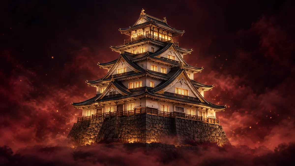 梅子黑夜色中的五層日式天守模型,深色屋簷與亮金窗光層層相疊