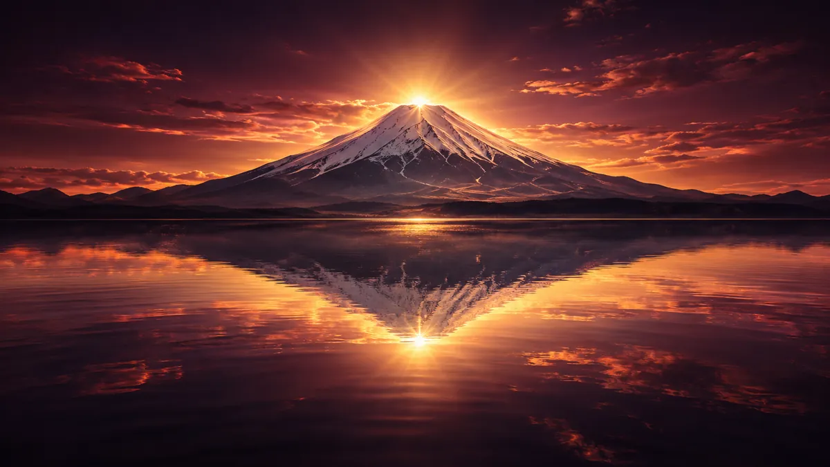 暗酒紅黎明天空下的富士山與湖面倒影，山頂朝日映出香檳金色光芒