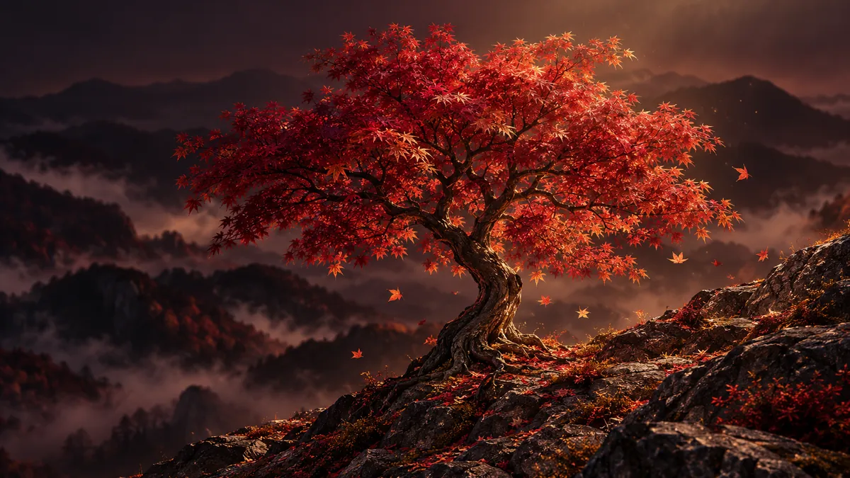 深酒紅秋夜中一株紅楓立於山坡，香檳金光照亮枝葉與飄落楓葉