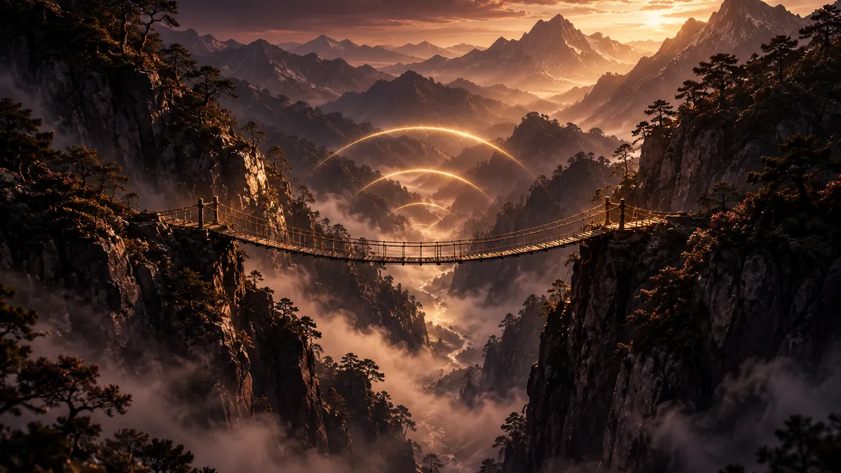 深酒紅夜色中的峽谷與吊橋，香檳金聲波在兩側山壁之間迴盪
