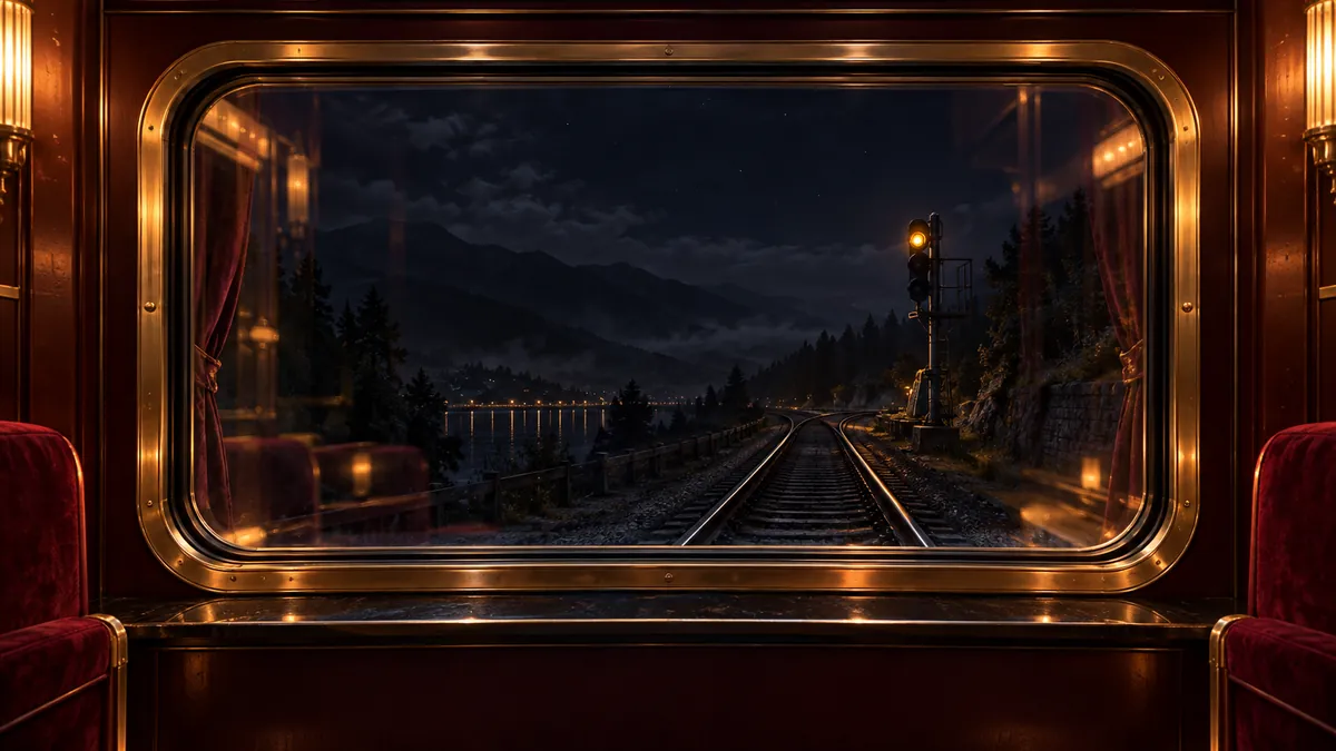 深酒紅臥鋪車廂內的黃銅框車窗映出夜間鐵道與信號燈，香檳金燈光照亮窗緣