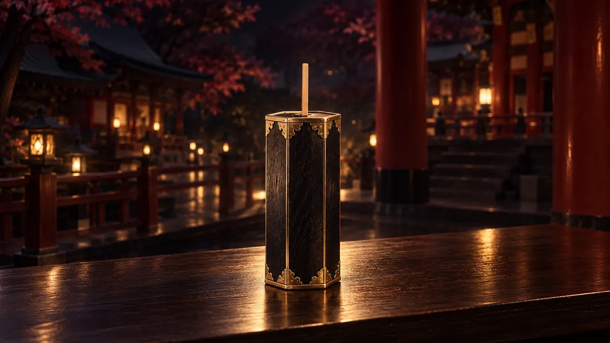 深酒紅神社木檯上的黑金六角籤筒，無字竹籤映著香檳金光