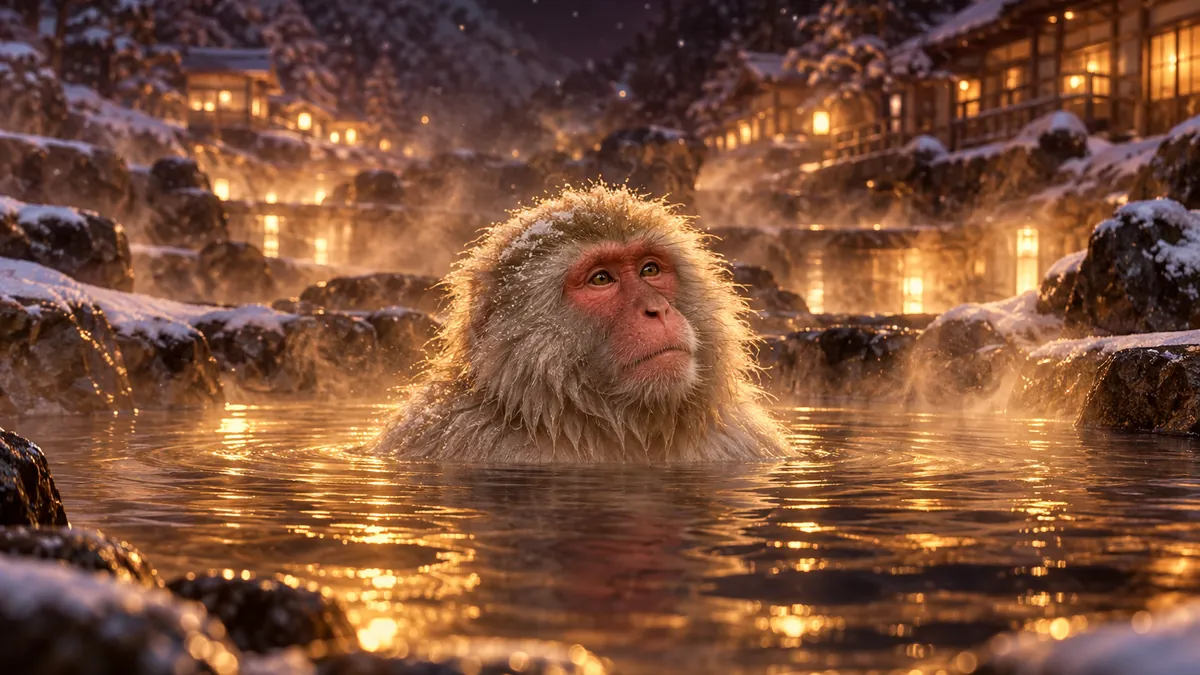 雪夜露天溫泉中一隻雪猴泡在暖金色湯池，背後映出深酒紅木造湯宿