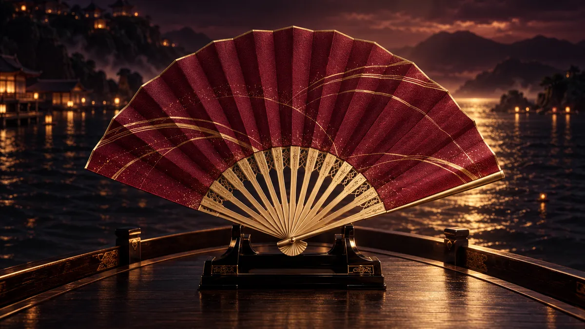 深酒紅海灣中，一把金色扇骨的摺扇在黑漆船頭展開，香檳金光照亮扇面