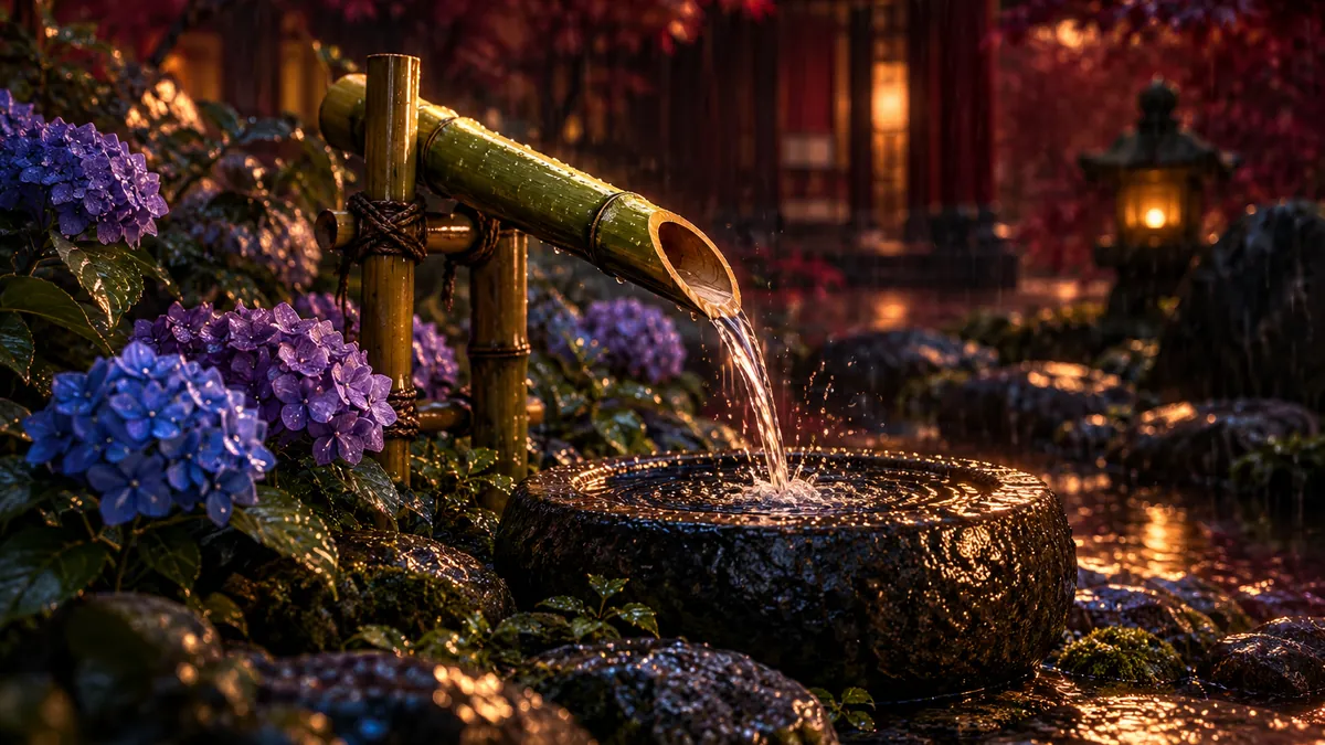 深酒紅雨夜庭園中，竹筒清水映著金色光芒，紫陽花環繞黑色石缽