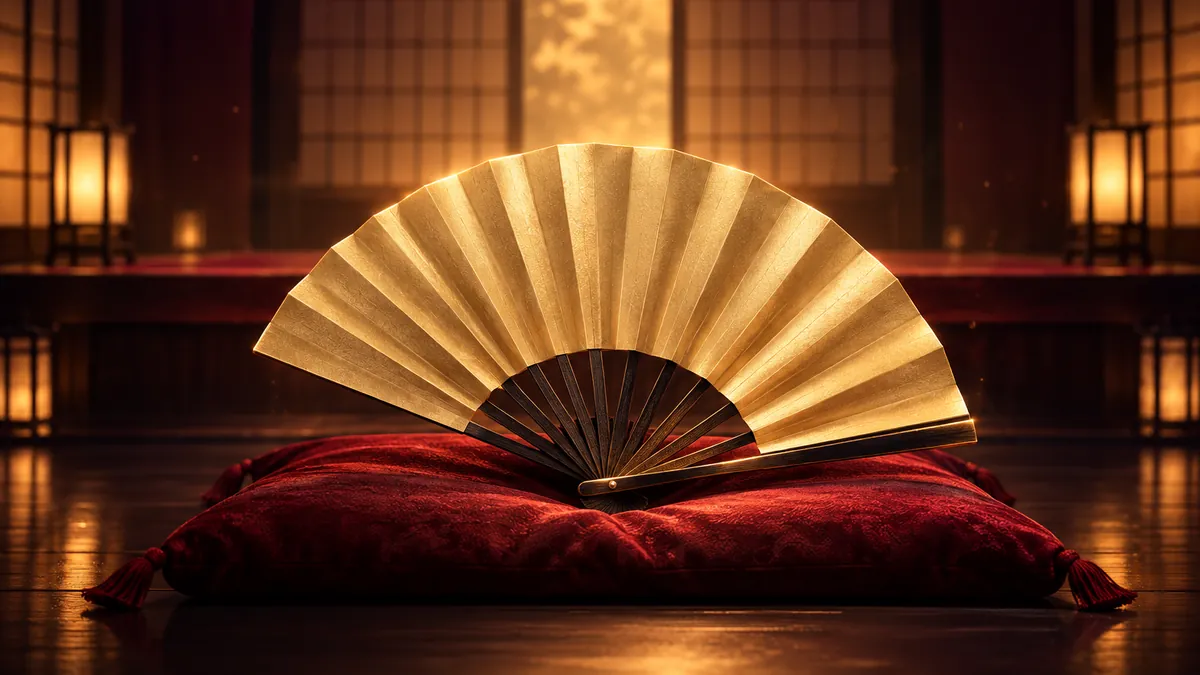 深酒紅日式寄席舞台上，一把無字金色摺扇置於座布團，後方障子透出暖光