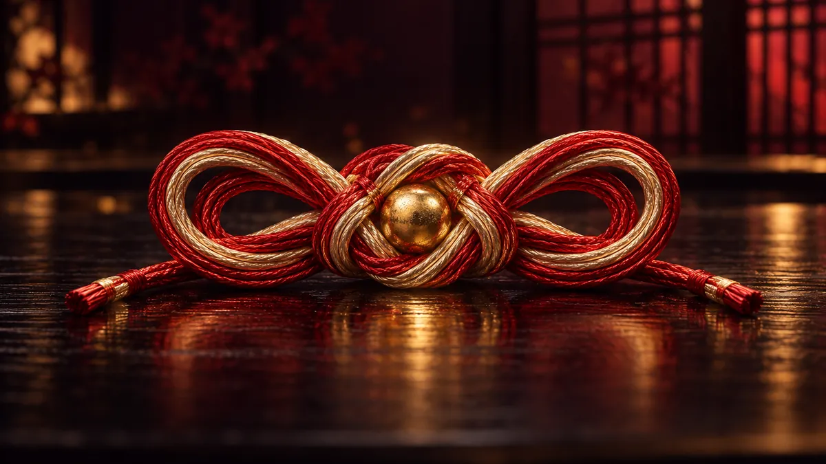 深黑漆木台面上的紅金水引環結，中央金色福玉映著暖光
