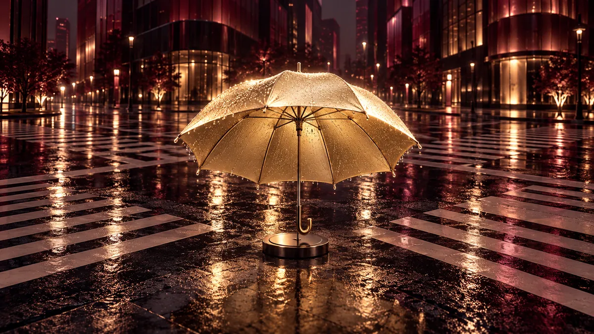 深色雨夜中的十字路口，金色雨傘映在濕潤斑馬線與酒紅街景之間