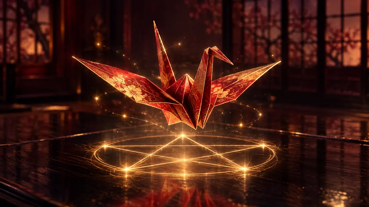 深酒紅日式書房中，一隻朱紅金邊紙鶴懸在香檳金五芒星光陣上方