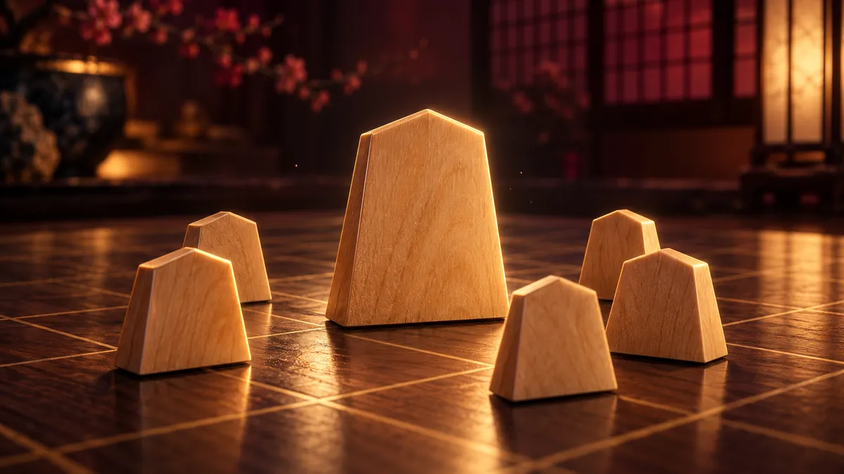 深酒紅和室中的無字黃楊木將棋駒，香檳金光照亮棋盤與木紋