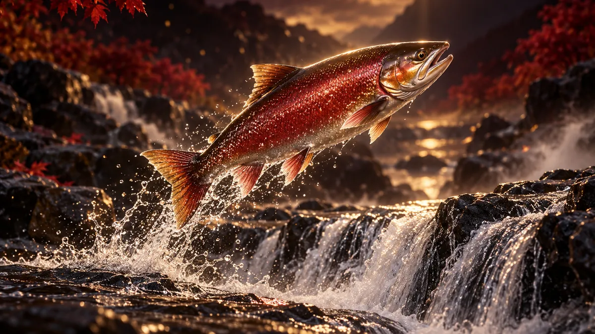 一尾深紅鮭魚躍過幽暗溪谷的低矮瀑布，金色輪廓光照亮魚身與水花
