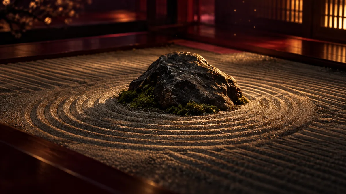 深色日式枯山水庭園中的黑石與環狀砂紋，映著香檳金柔光