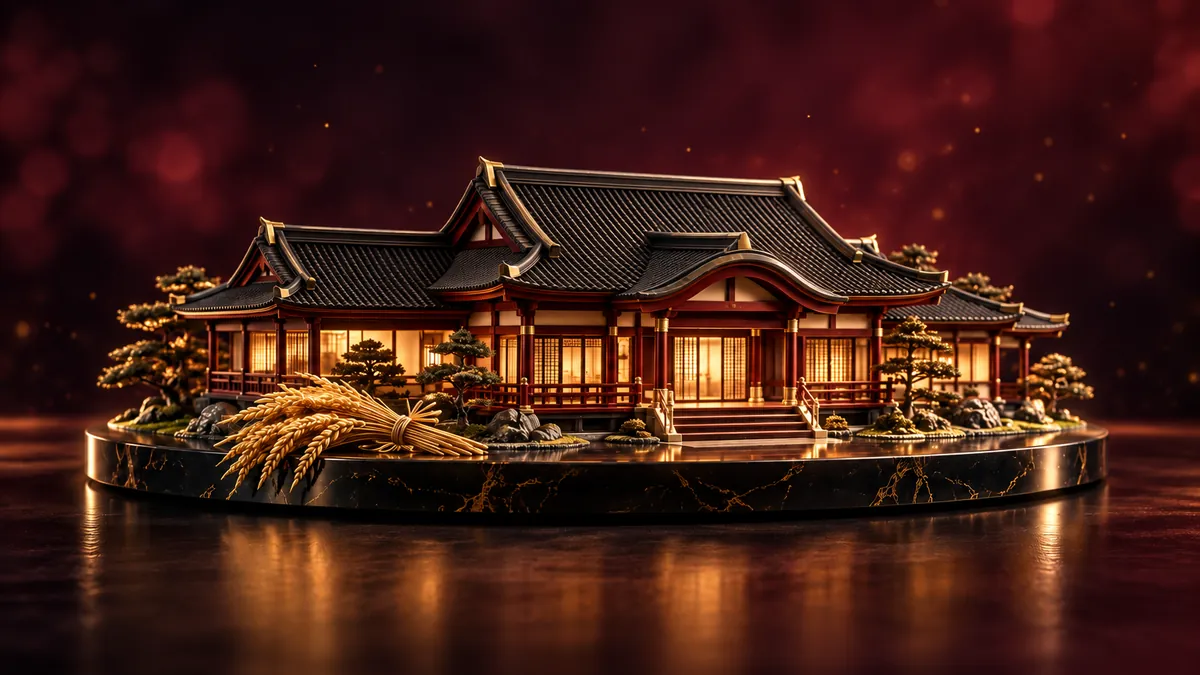 深酒紅背景中的黑金和風屋敷模型，前方稻草束映著香檳金光