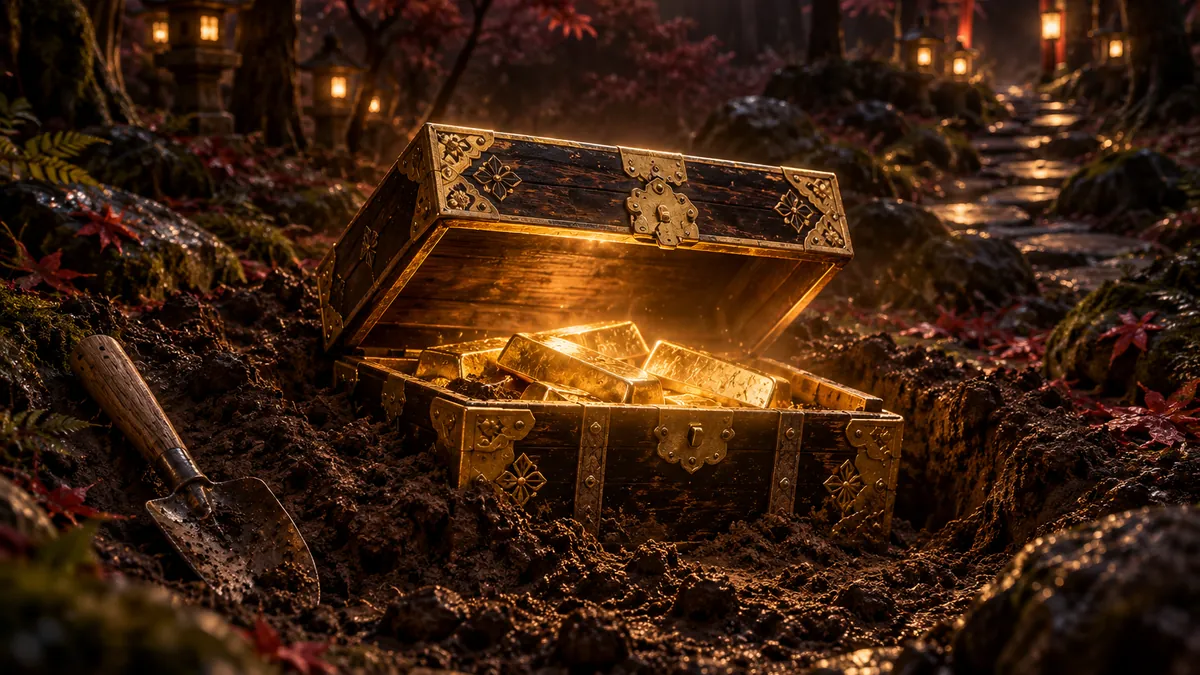 幽暗日式山林中半埋土裡的黑金寶箱，金色光線照亮箱內金塊與蜿蜒石徑