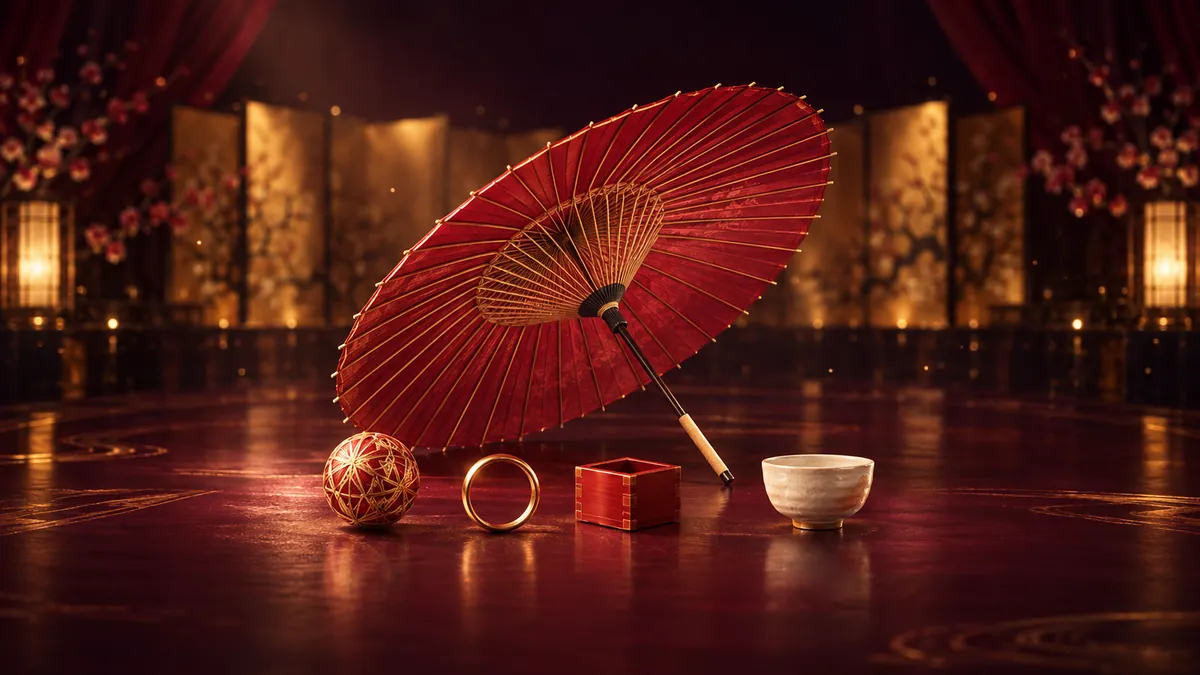 深酒紅舞台上的朱紅和傘映出香檳金傘骨，傘緣旁陳列毬、金屬環、枡與白茶碗