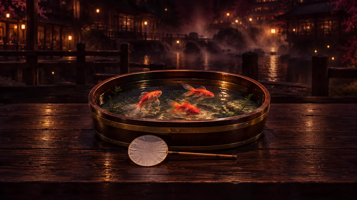 溫泉街暖金燈光下的深色木盆，三尾金魚與圓形紙網呈現夜間攤位氣氛