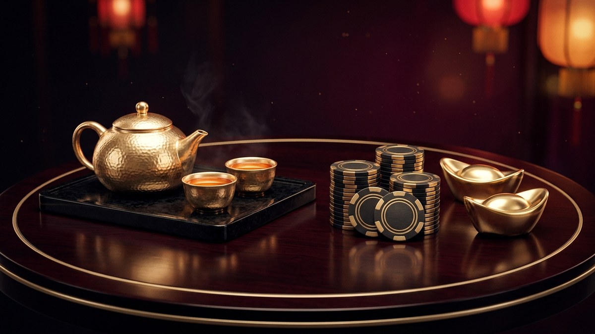 深夜中式貴賓包廂的紅木黑金圓桌上，擺放香檳金茶壺茶杯、金元寶與無字黑金籌碼
