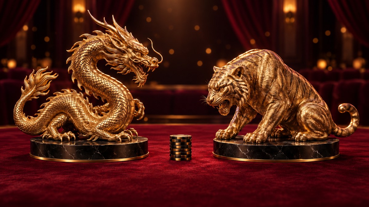 深色貴賓廳裡，一尊香檳金龍雕塑與一尊香檳金虎雕塑隔著酒紅絨布桌面相對，中間擺著幾疊黑金籌碼