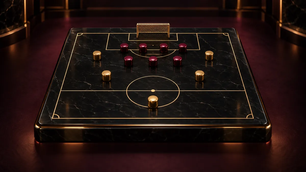 黑金足球戰術沙盤以兩排深色棋子和外側金色棋子呈現突破密集防守
