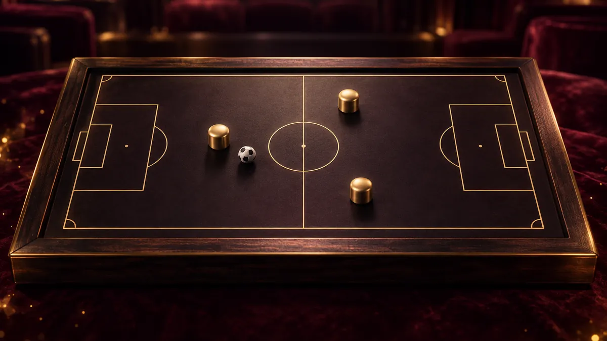 黑金足球戰術沙盤上三枚香檳金棋子錯位排列，呈現三人接應的空間