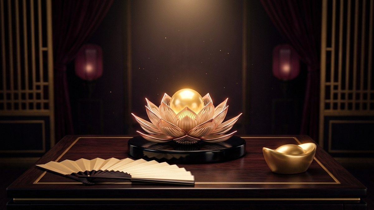 中式貴賓閣樓的黑金案几上，盛開的香檳金蓮花雕塑托著發光寶珠，旁有折扇與金元寶