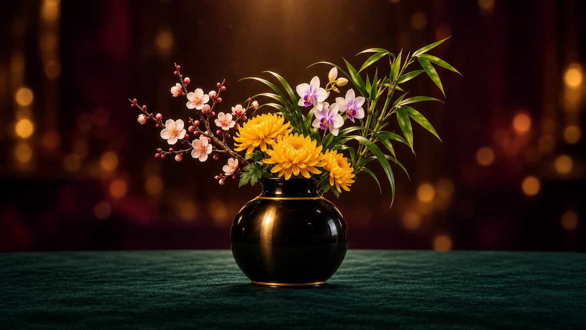 牌桌的深墨綠絨布上，一只金邊黑釉花瓶插著梅花、蘭花、菊花和竹枝