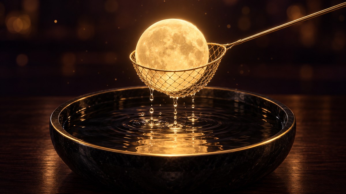 黑色石盆盛著深色的水，香檳金撈網把一輪發光的金色滿月撈出水面，水珠從網底滴落