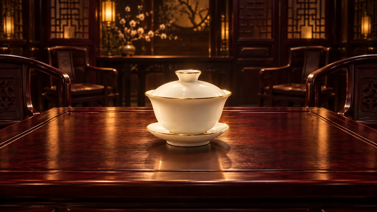深酒紅中式茶室內，紅木方桌中央的素面白玉蓋碗映著香檳金光