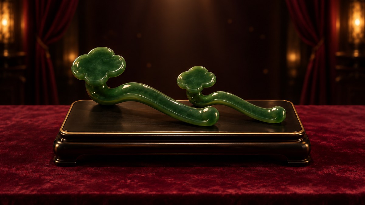 深酒紅貴賓廳裡,一組大小不同的墨綠玉如意並排放在黑金展示座上