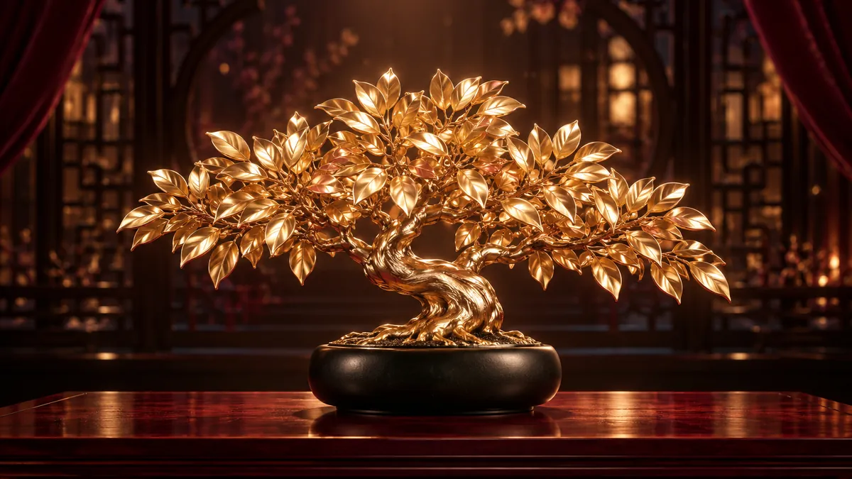 香檳金招財樹雕塑立於黑色矮盆，金色葉片映著深酒紅中式廳堂與柔和頂光