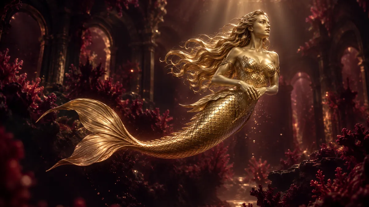 幽暗海底宮殿中，一尊香檳金美人魚雕塑舒展魚尾，映著柔和金色光束