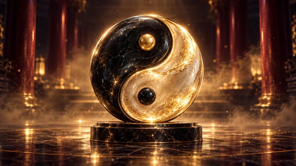 深酒紅中式殿堂中央,一座黑玉與香檳金相嵌的太極圓雕映著金色輪廓光