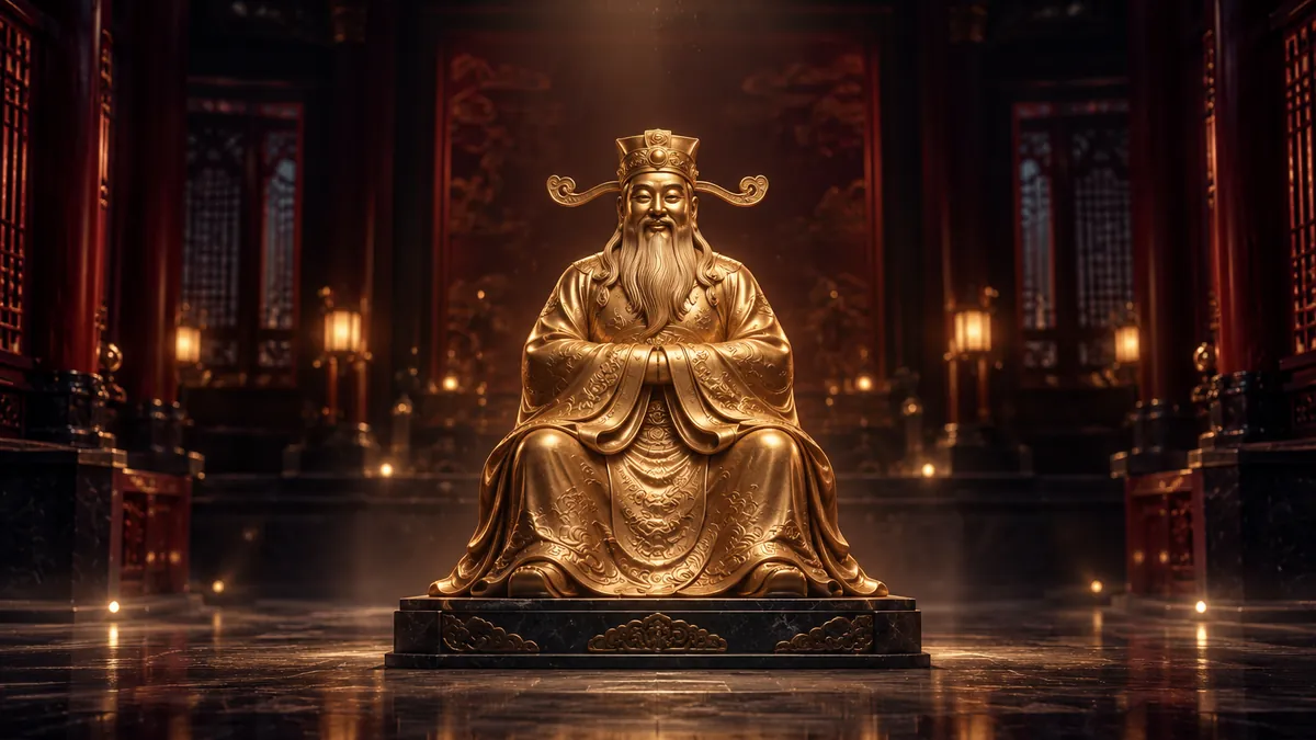 深酒紅中式殿堂內，一尊香檳金財神雕像端坐中央，衣袍映著柔和金光
