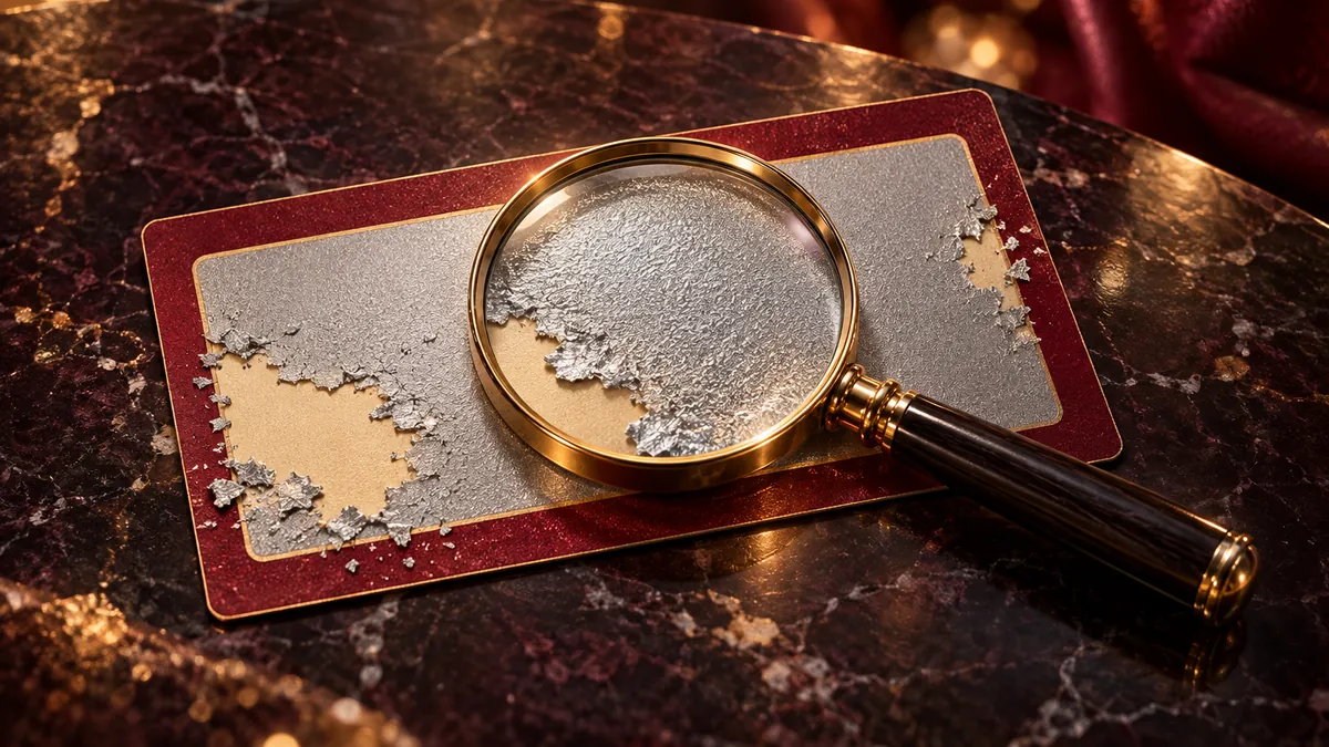 金色放大鏡檢視酒紅刮獎券的銀色塗層，黑金桌面呈現核對彩券資訊意象