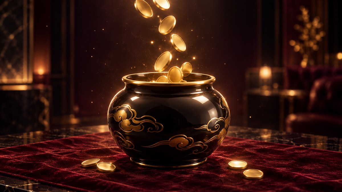 深酒紅桌面上一座金色小天平，一端放著疊起的金幣，背景是柔和的金色光暈