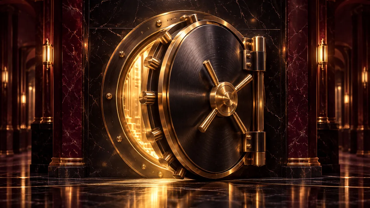 深酒紅金庫走廊中央微開的黑金圓形庫門，門縫透出柔和金色光芒