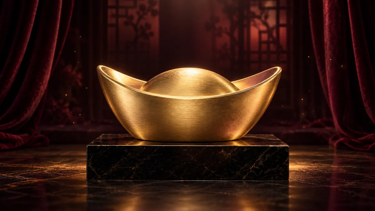 深酒紅絲絨前的香檳金元寶，置於黑曜石台座，金色輪廓光映出完整弧面