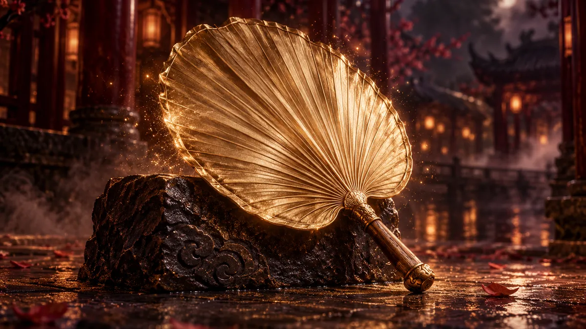香檳金蒲扇斜靠深色石座，酒紅中式廊亭背景襯出細緻扇脈與金色光塵