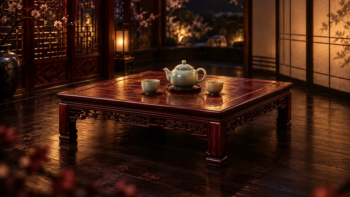 黑金茶室中央擺著紅木方桌與青瓷茶具，兩側木格窗與日式屏風映著暖金光